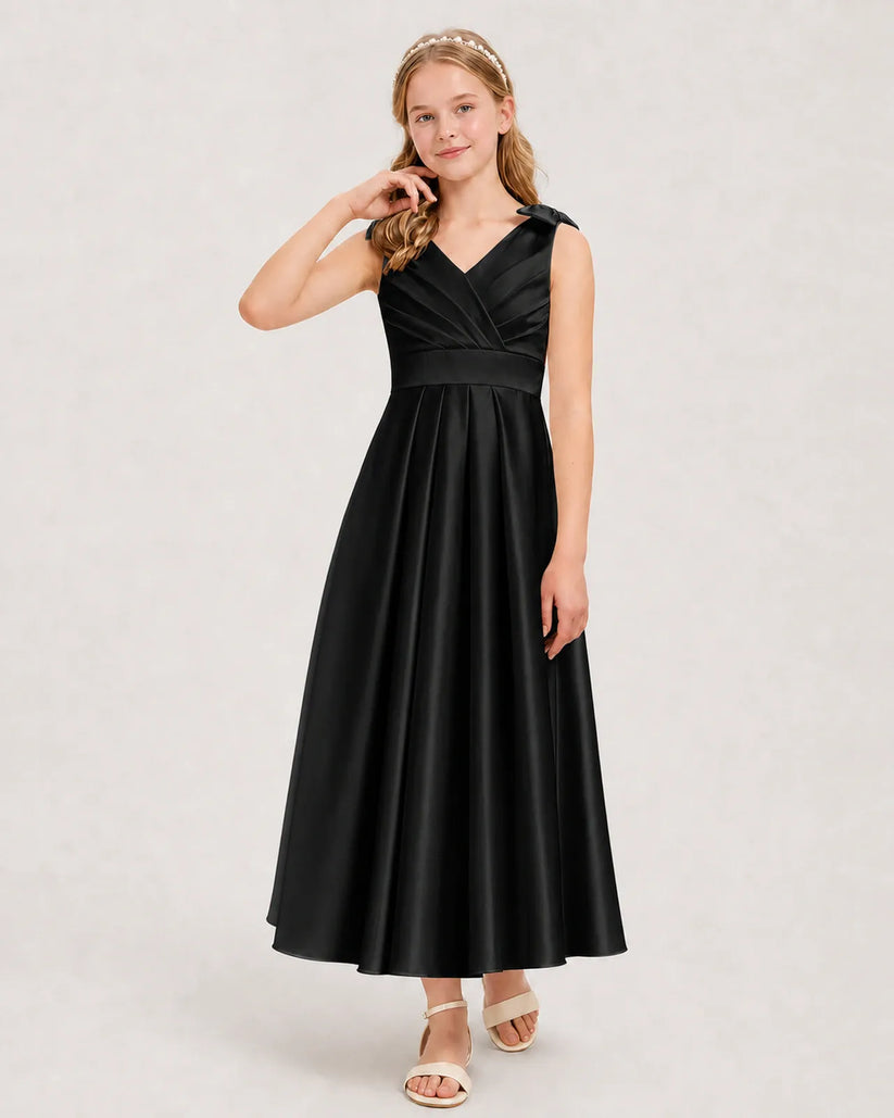Black Satin A-line Junior Bridesmaid Dress Front View