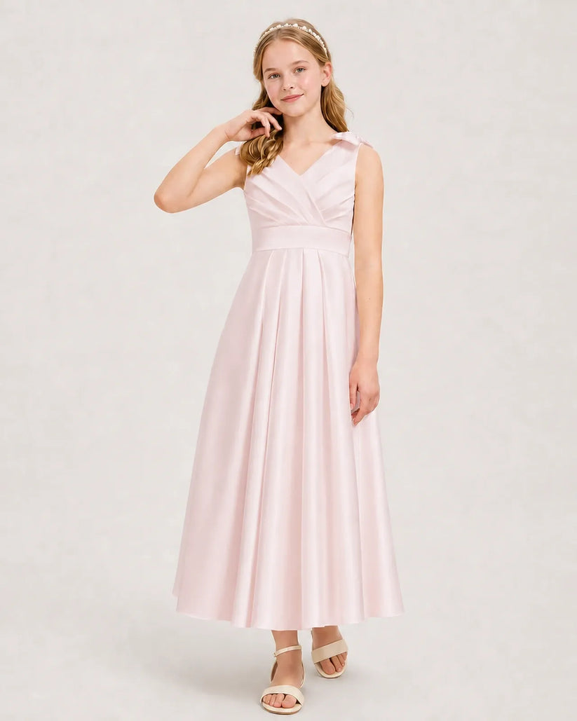Blush Pink Satin A-line Junior Bridesmaid Dress Front View