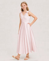 Blush Pink Satin A-line Junior Bridesmaid Dress Front View