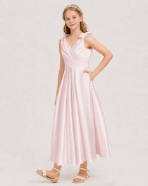 Blush Pink Junior Bridesmaid Dress  Sleeveless V-Back Satin Midi Dress Front View