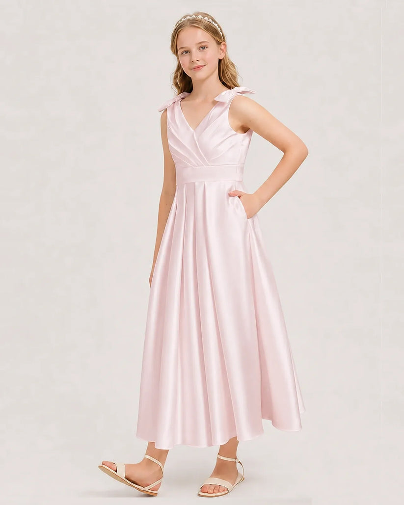 Blush Pink Satin A-line Junior Bridesmaid Dress Front View