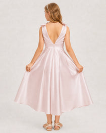 Blush Pink Junior Bridesmaid Dress  Sleeveless V-Back Satin Midi Dress Back View