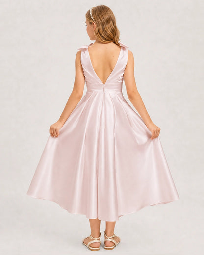Blush Pink Junior Bridesmaid Dress  Sleeveless V-Back Satin Midi Dress Back View