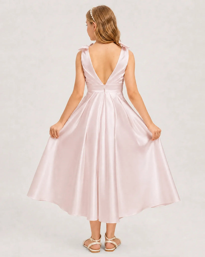 Blush Pink Satin A-line Junior Bridesmaid Dress Back View
