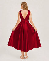 Burgundy Satin A-line Junior Bridesmaid Dress Back View