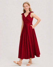 Burgundy Junior Bridesmaid Dress  Sleeveless V-Back Satin Midi Dress Front View