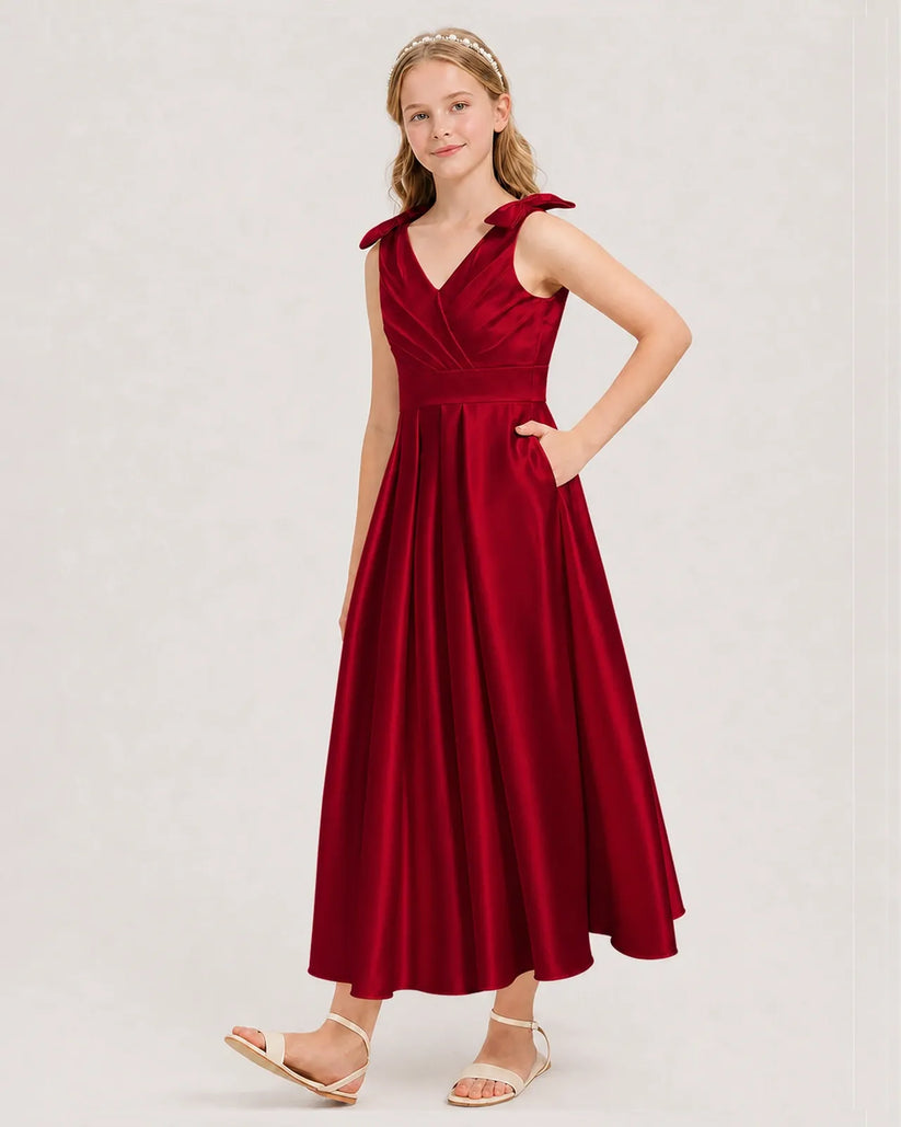 Burgundy Satin A-line Junior Bridesmaid Dress Front View