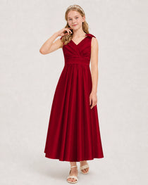 Burgundy Junior Bridesmaid Dress  Sleeveless V-Back Satin Midi Dress Front View