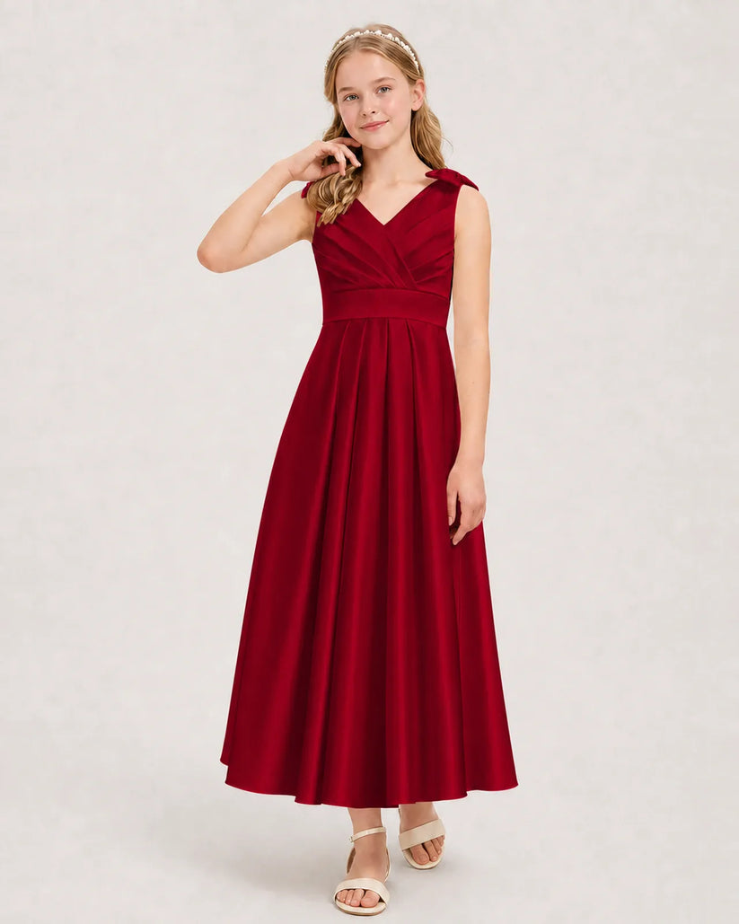 Burgundy Satin A-line Junior Bridesmaid Dress Front View