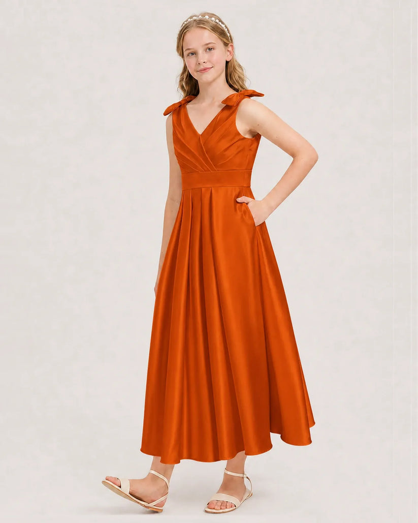Burnt Orange Satin A-line Junior Bridesmaid Dress Front View