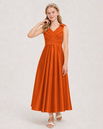 Burnt Orange Junior Bridesmaid Dress  Sleeveless V-Back Satin Midi Dress Front View