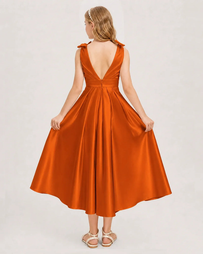 Burnt Orange Satin A-line Junior Bridesmaid Dress Back View