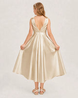 Champagne Satin A-line Junior Bridesmaid Dress Back View