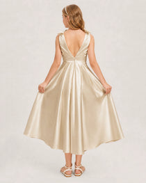 Champagne Junior Bridesmaid Dress  Sleeveless V-Back Satin Midi Dress Back View