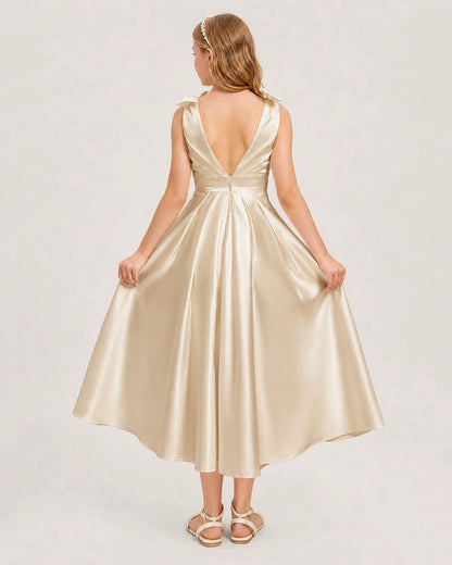 Champagne Junior Bridesmaid Dress  Sleeveless V-Back Satin Midi Dress Back View