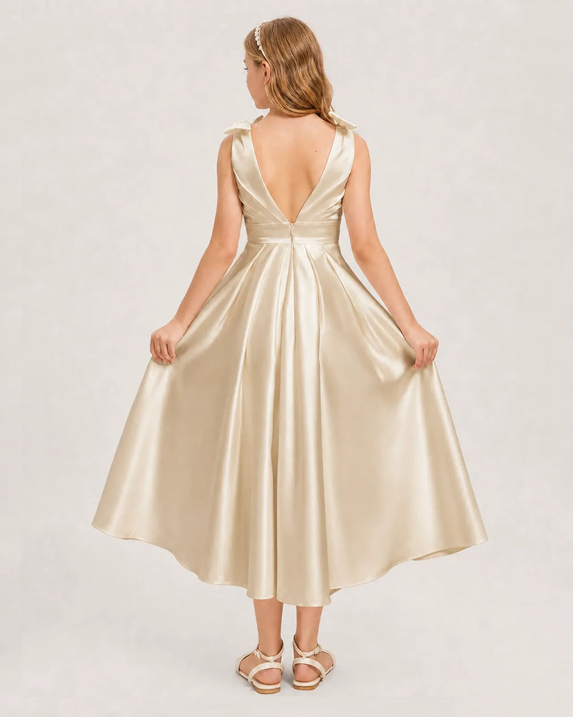 Champagne Satin A-line Junior Bridesmaid Dress Back View