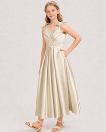 Champagne Junior Bridesmaid Dress  Sleeveless V-Back Satin Midi Dress Front View