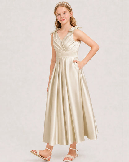 Champagne Junior Bridesmaid Dress  Sleeveless V-Back Satin Midi Dress Front View