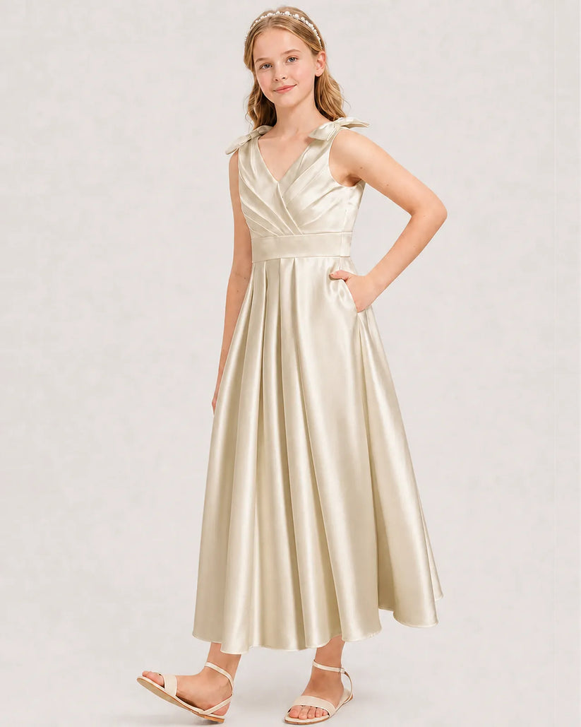 Champagne Satin A-line Junior Bridesmaid Dress Front View
