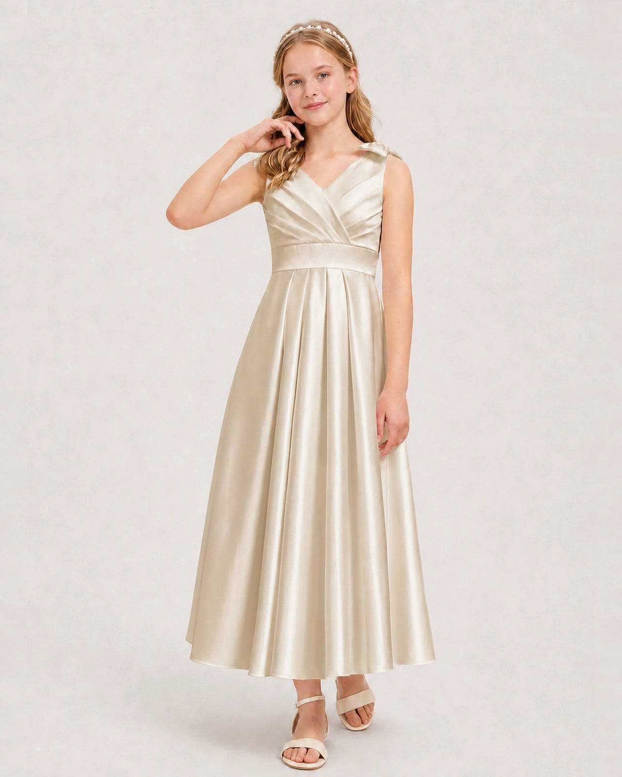Champagne Junior Bridesmaid Dress  Sleeveless V-Back Satin Midi Dress Front View