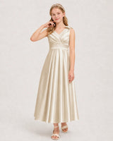 Champagne Satin A-line Junior Bridesmaid Dress Front View