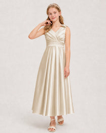 Champagne Junior Bridesmaid Dress  Sleeveless V-Back Satin Midi Dress Front View
