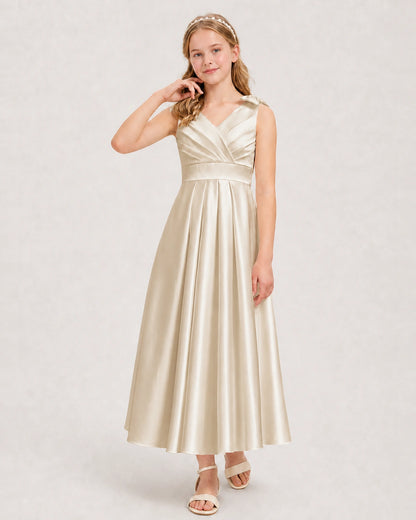 Champagne Junior Bridesmaid Dress  Sleeveless V-Back Satin Midi Dress Front View