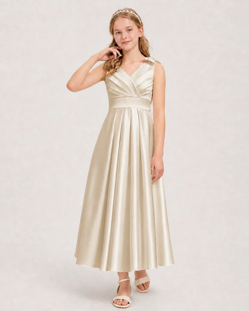 Champagne Satin A-line Junior Bridesmaid Dress Front View