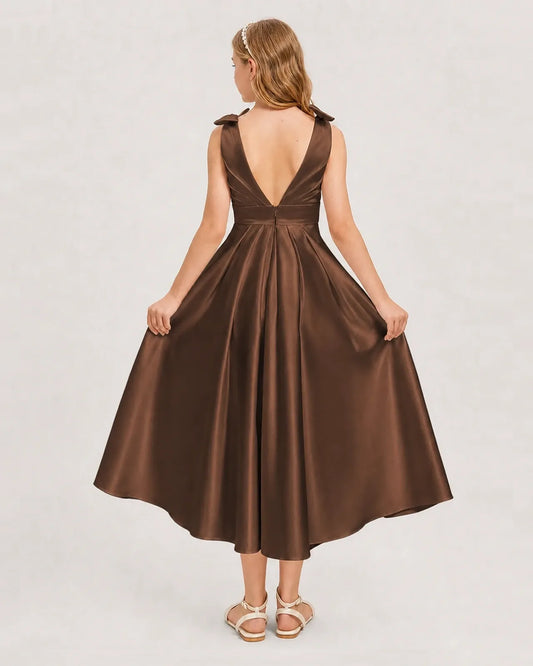 Chocolate Satin A-line Junior Bridesmaid Dress Back View
