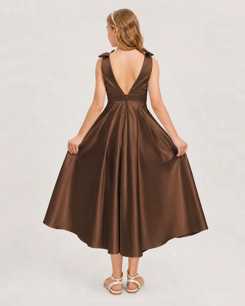 Chocolate Satin A-line Junior Bridesmaid Dress Back View