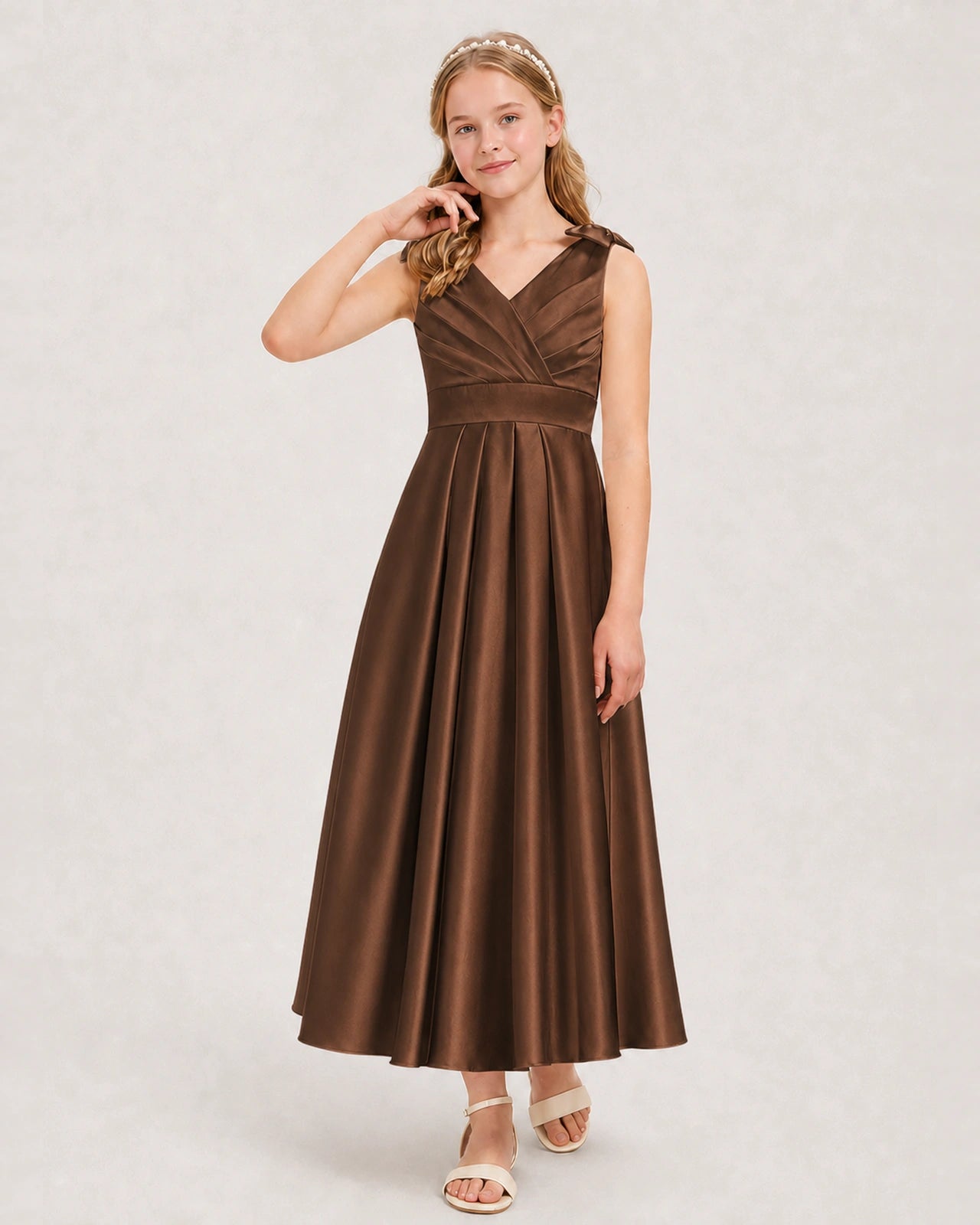 Chocolate Junior Bridesmaid Dress  Sleeveless V-Back Satin Midi Dress Front View