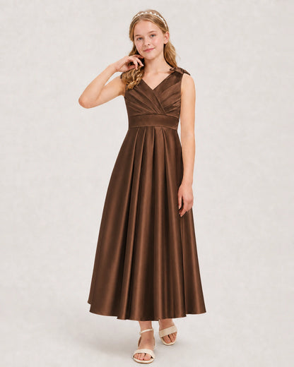Chocolate Junior Bridesmaid Dress  Sleeveless V-Back Satin Midi Dress Front View