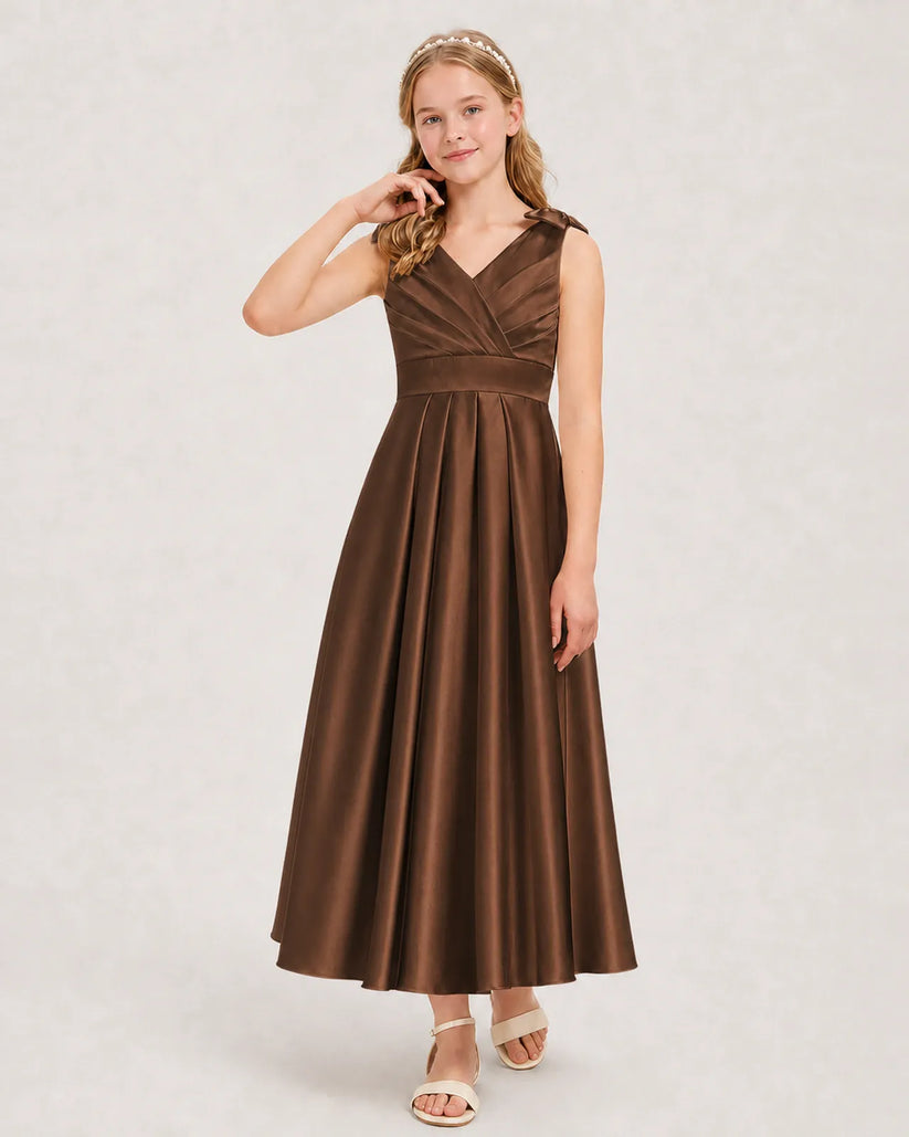 Chocolate Satin A-line Junior Bridesmaid Dress Front View