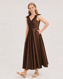 Chocolate Junior Bridesmaid Dress  Sleeveless V-Back Satin Midi Dress Front View