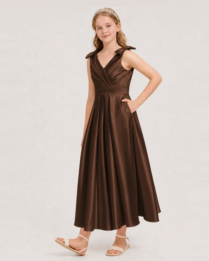 Chocolate Satin A-line Junior Bridesmaid Dress Front View