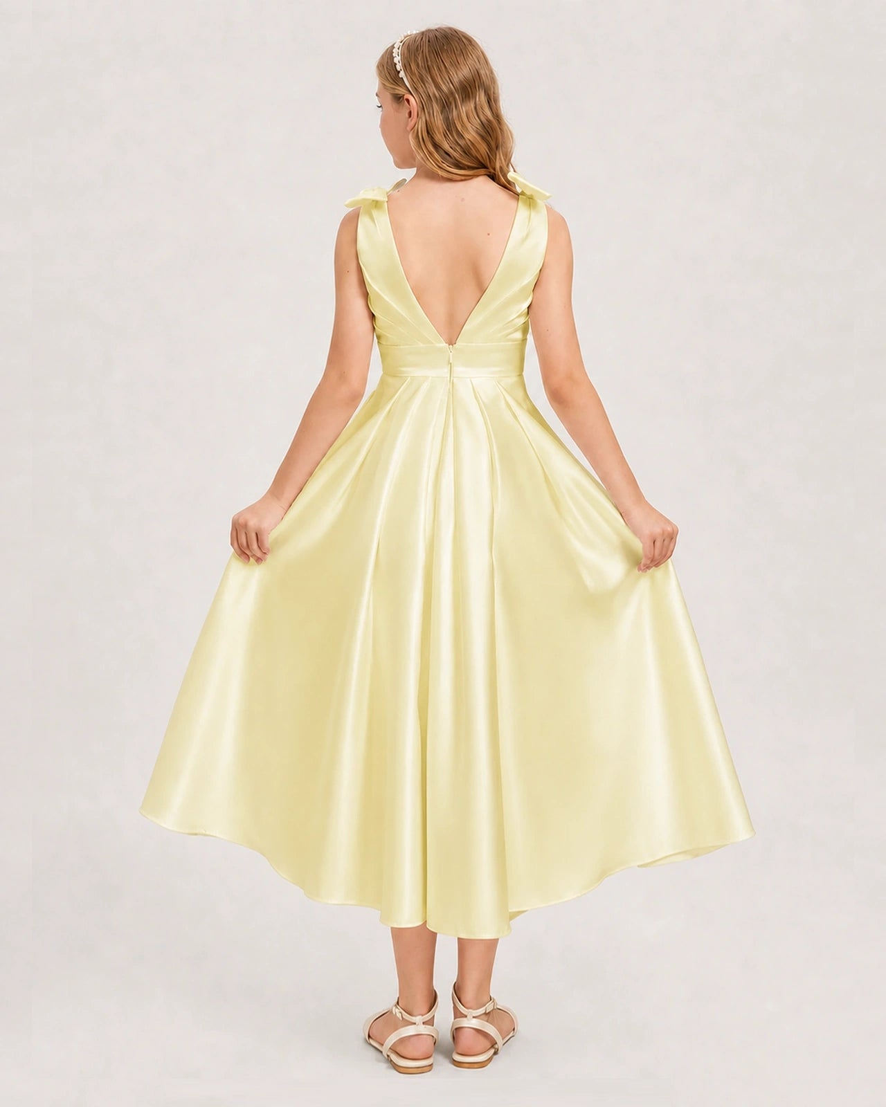 Daffodil Junior Bridesmaid Dress  Sleeveless V-Back Satin Midi Dress Back View