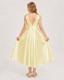 Daffodil Junior Bridesmaid Dress  Sleeveless V-Back Satin Midi Dress Back View