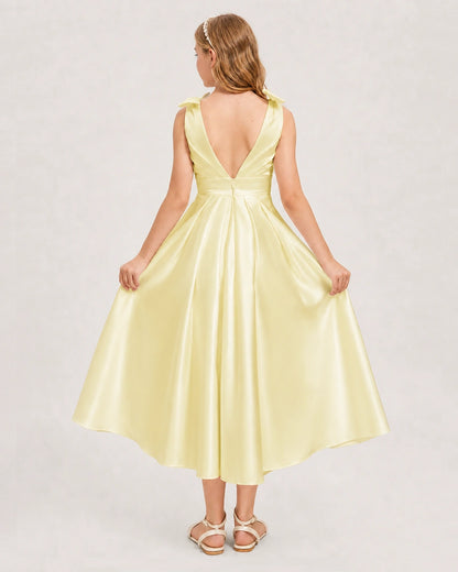 Daffodil Junior Bridesmaid Dress  Sleeveless V-Back Satin Midi Dress Back View