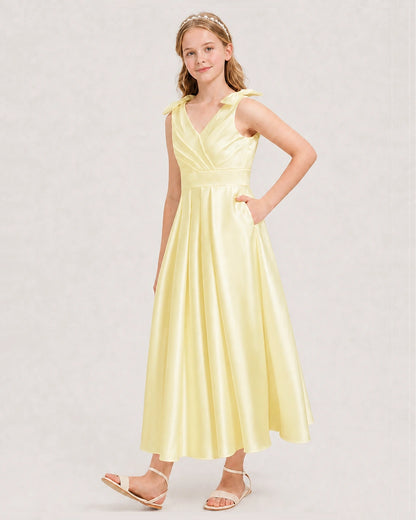 Daffodil Junior Bridesmaid Dress  Sleeveless V-Back Satin Midi Dress Front View