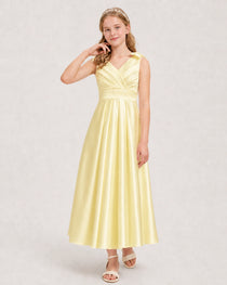 Daffodil Junior Bridesmaid Dress  Sleeveless V-Back Satin Midi Dress Front View