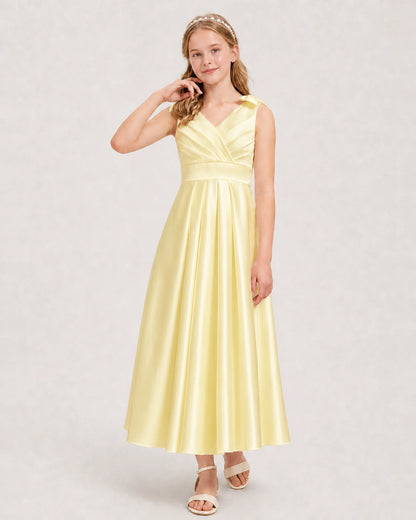 Daffodil Junior Bridesmaid Dress  Sleeveless V-Back Satin Midi Dress Front View