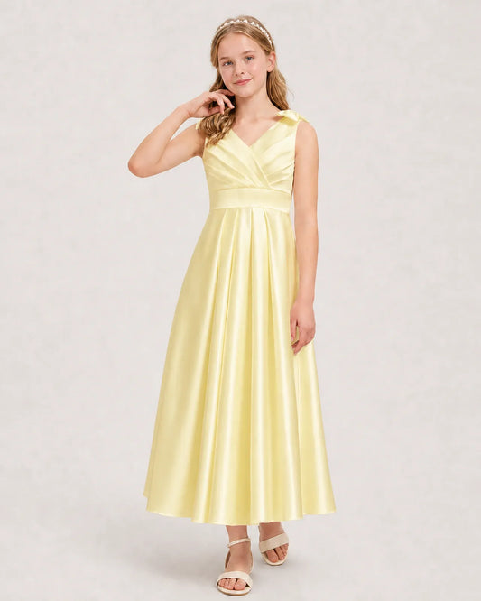 Daffodil Satin A-line Junior Bridesmaid Dress Front View
