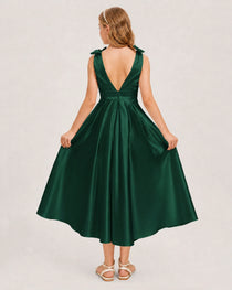 Dark Green Junior Bridesmaid Dress  Sleeveless V-Back Satin Midi Dress Back View