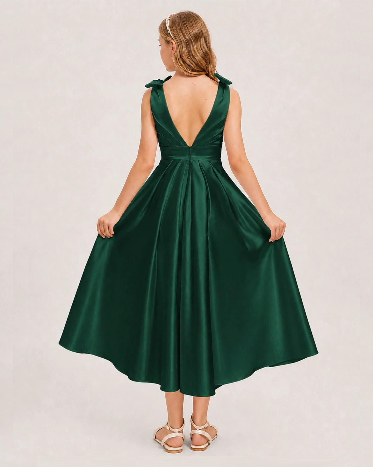 Dark Green Junior Bridesmaid Dress  Sleeveless V-Back Satin Midi Dress Back View