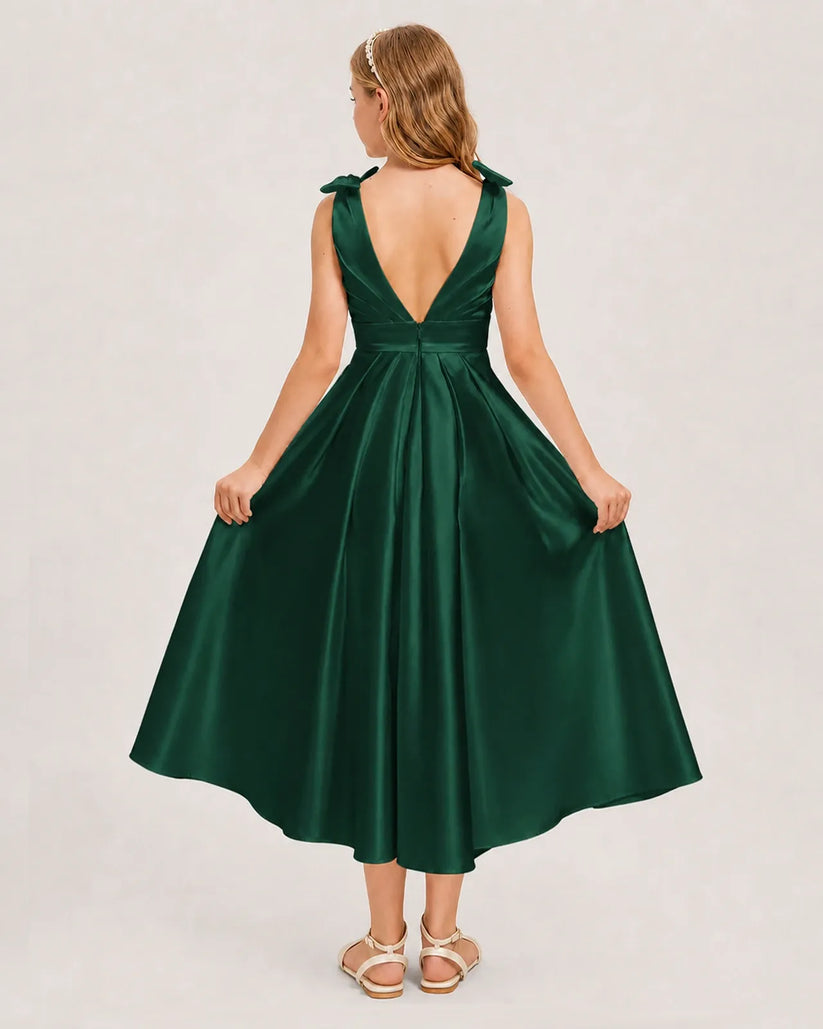 Dark Green Satin A-line Junior Bridesmaid Dress Back View