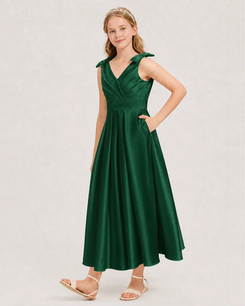 Dark Green Satin A-line Junior Bridesmaid Dress Front View