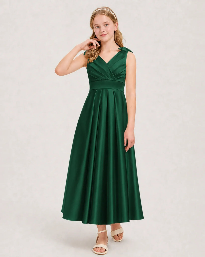 Dark Green Satin A-line Junior Bridesmaid Dress Front View