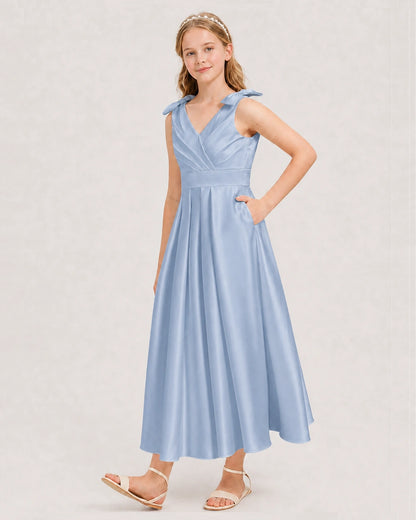 Dusty Blue Junior Bridesmaid Dress  Sleeveless V-Back Satin Midi Dress Front View
