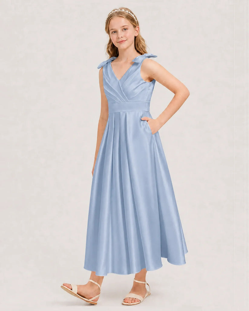 Dusty Blue Satin A-line Junior Bridesmaid Dress Front View