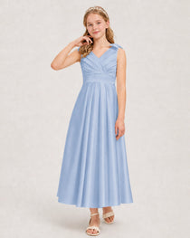 Dusty Blue Junior Bridesmaid Dress  Sleeveless V-Back Satin Midi Dress Front View